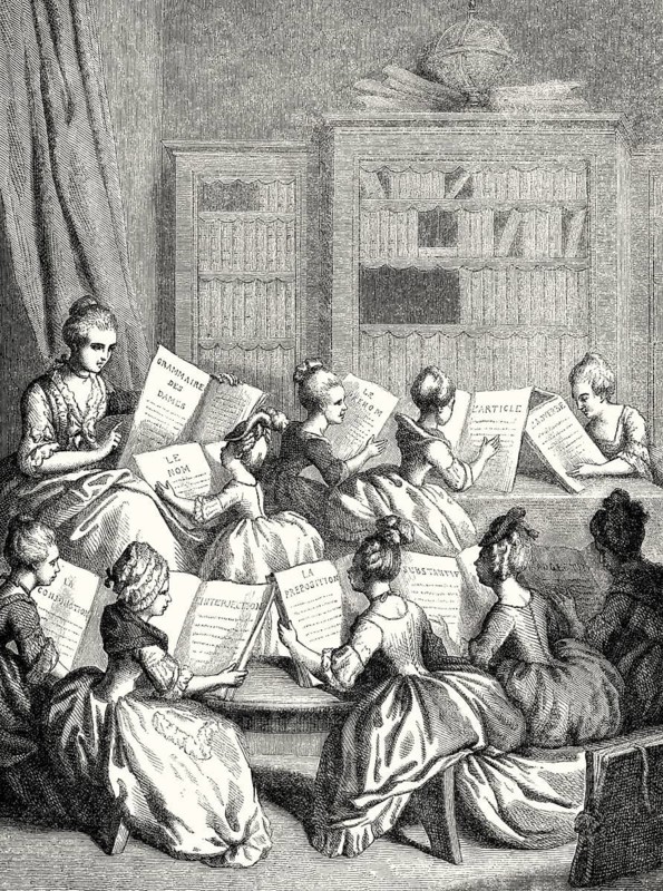 Elegant ladies in a Women's literary salon, the muses as young girls, antique print by Eustache Lorsay, 19th century