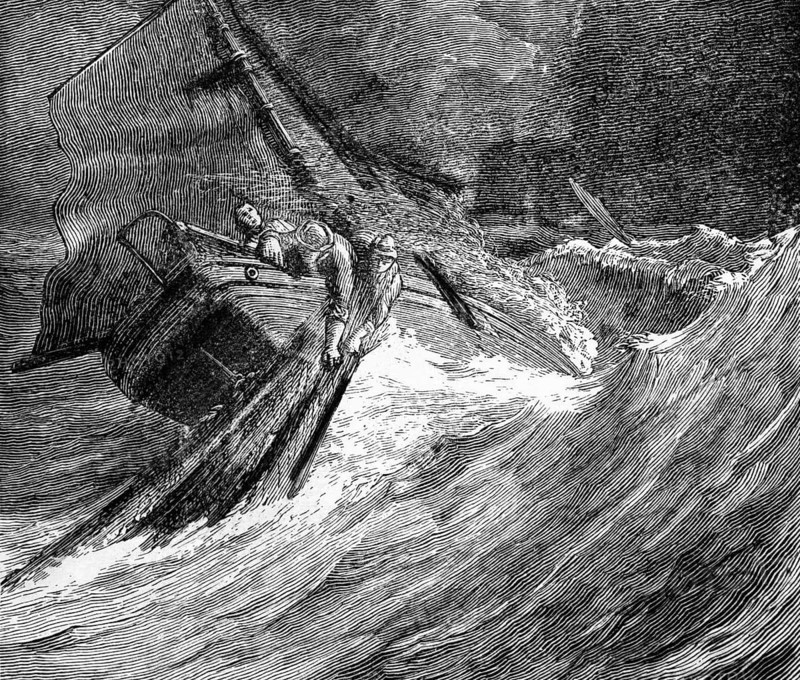 Stormy fishing on the Pentland Firth, which separates the Orkney Islands from Caithness in the north of Scotland, around 1870, Scotland, digital reproduction of a historical model