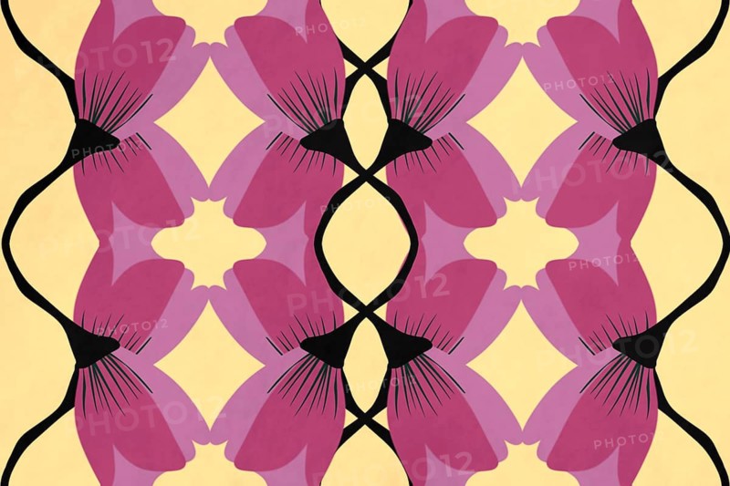 Symmetric, abstract floral illustration featuring a mirrored pattern of purple flowers on a pastel yellow background. Ideal for decorative and artistic uses