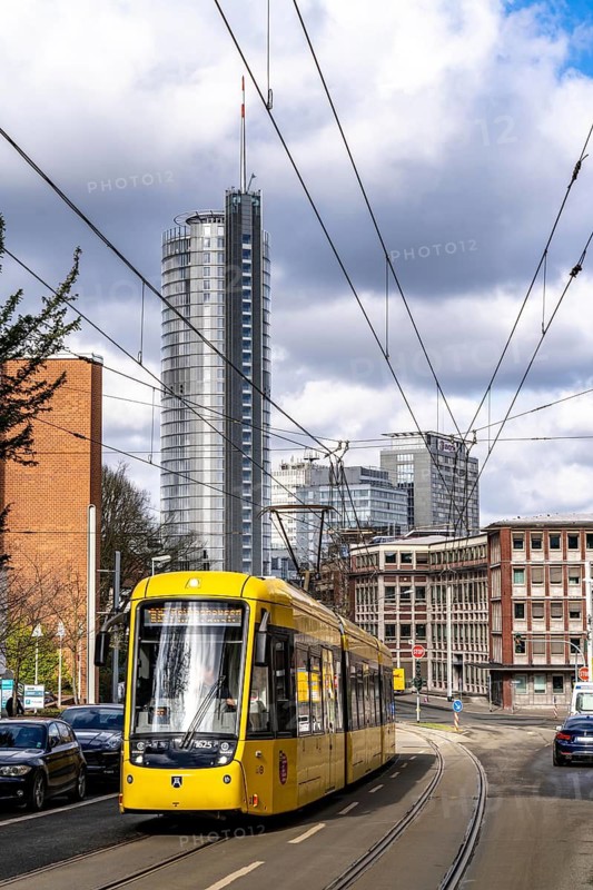 Essen city centre, RWE Tower, EVONIK building, Gutenbergstraße in the southern district, tram line, North Rhine-Westphalia, Germany