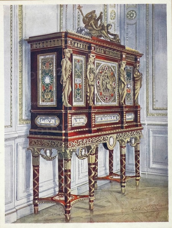 Furniture around the turn of the century 1900, Jewellery cabinet of Queen Marie Antoinette, of mahogany, gilt, inlaid, carved, and with painted plaques (1910, 1911) .jpg