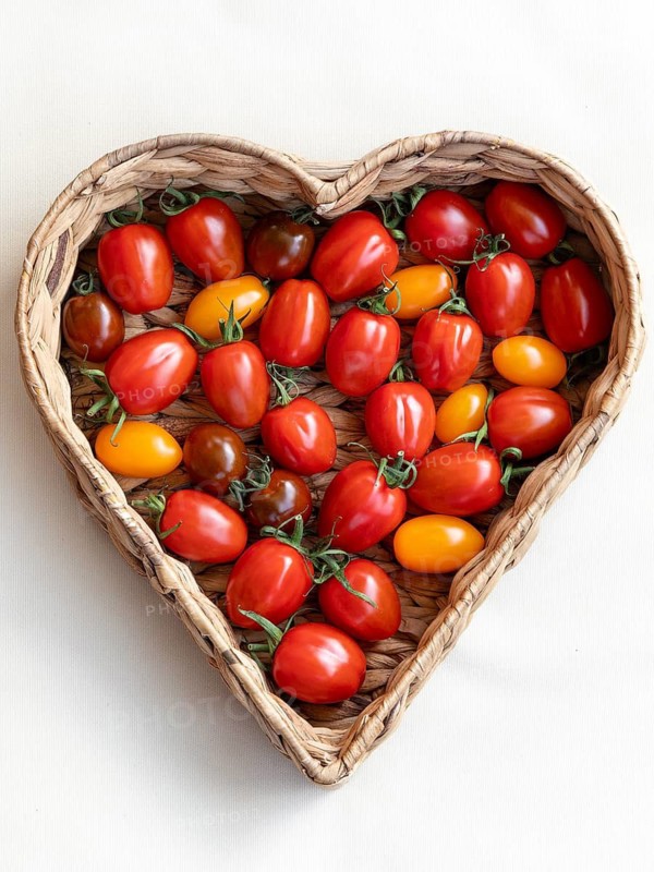 Hearty freshness. Colourful mix of fresh and crunchy tomatoes in a heart basket