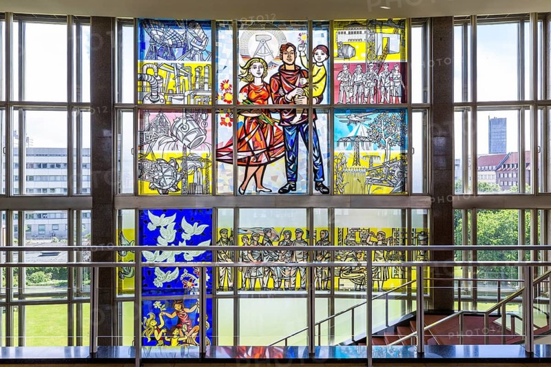 Stained glass window depictions from the history of the German labor movement by Walter Womacka in the stairwell of the former State Council building, Mitte, Berlin, Germany