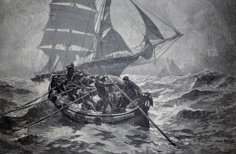 North Sea Fleet, boarding an incoming clipper, 1896, rowing boat, Germany, illustration, reproduction from a model from the 19th century. Authentic, file restored for optimal use, exact date of submission unknown, Historic, A lifeboat fights high waves in stormy seas while a sailing ship sails in the background