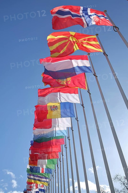 European national flags, Norwegian, French and North Macedonian national flags, free-standing, series, Palace of Europe, Council of Europe, Strasbourg, Bas-Rhin, Alsace, France
