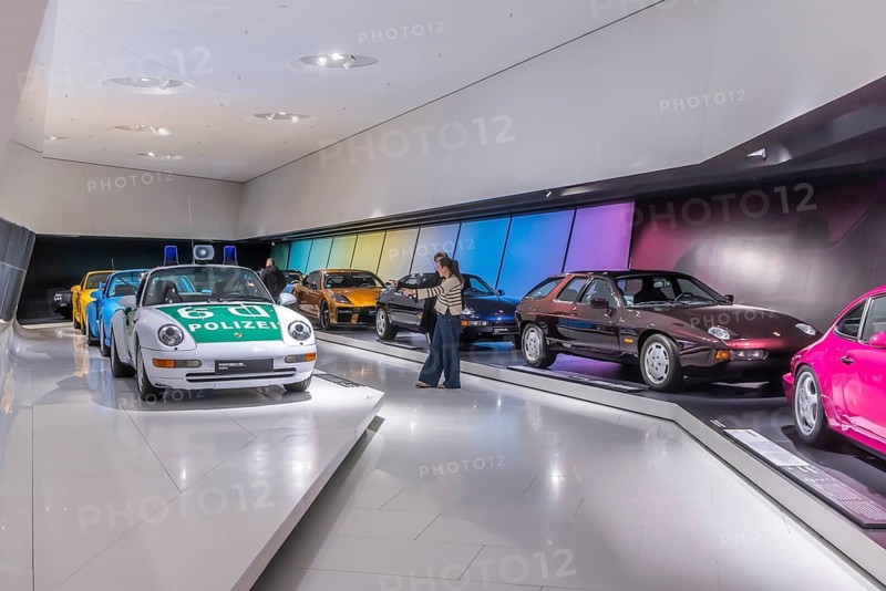 Porsche Museum Stuttgart-Zuffenhausen. The automotive museum of Dr. Ing. h.c. F. Porsche AG shows racing cars and iconic cars from automotive history. interior view. Stuttgart, Baden-Württemberg, Germany