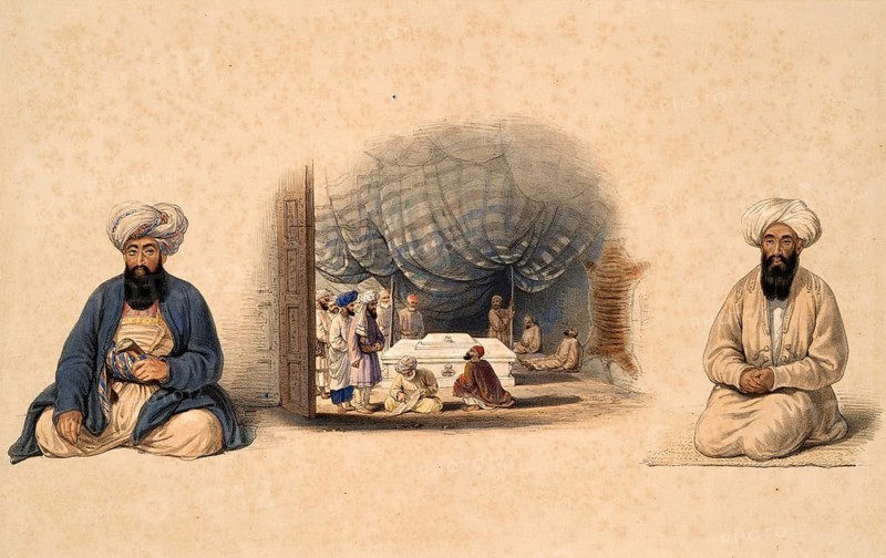 Scenes of men in traditional clothing, partly in a tent, sitting and standing