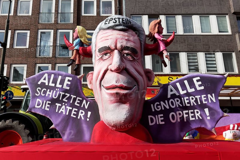 Theme car on the Epstein files scandal by wagon maker Jacques Tilly, All protect the perpetrators, All ignore the victims, Düsseldorf Rose Monday Train, Düsseldorf, North Rhine-Westphalia, Germany