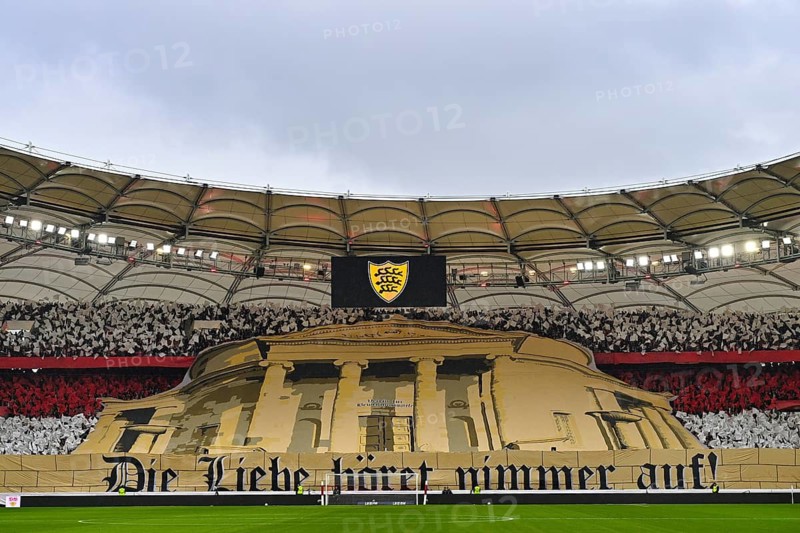 Choreo, choreography, fan action, Rotenberg grave chapel with inscription Die Liebe Nimmer auf Fußball Bundesliga, MHPArena, MHP Arena Stuttgart, Baden-Württemberg, Germany
