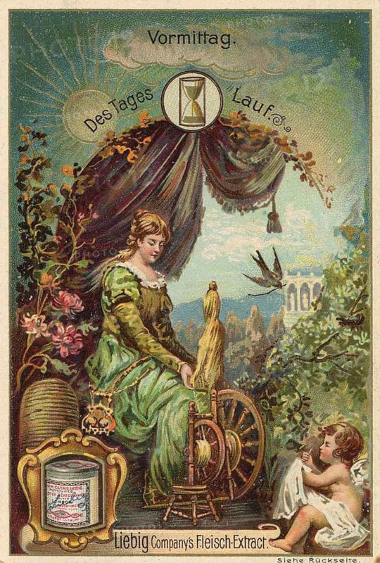 Picture series of the day Run, morning, Liebig picture, digitally restored reproduction of a collector's picture from around 1900, public domain, exact date unknown, romantic illustration of a woman at the spinning wheel in the garden in the morning