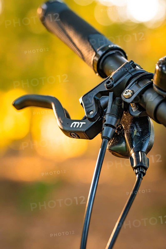 Close-up of a bicycle handlebar with brake lever and technical details, e-bike, forest bike, Calw, district of Calw, Black Forest, Germany