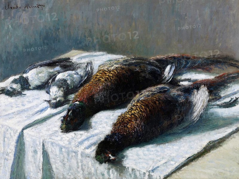 Claude Monet (b. 14 November 1840 in Paris as Oscar-Claude Monet, d. 5 December 1926) important French painter, Impressionist style. Here is his work, Still Life with Pheasants and Plovers (1879), Still Life with Pheasants and Plovers (1879), Three wild ducks lying on a white tablecloth, detailed depiction of the feathers