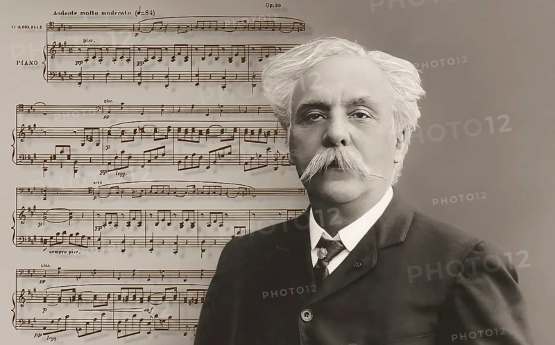 Portrait of Gabriel Fauré, 1845-1924, French composer, digitally edited according to a photograph by Pierre Petit, 1905, first page of Pavane, Op.50