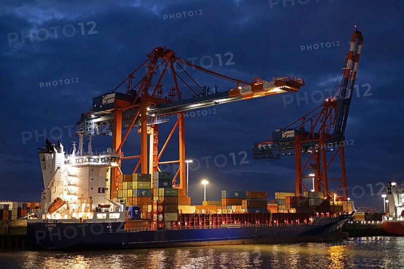 Blue hour, container ships, container bridges, Eurogate Waltershof, Port, Hamburg, Germany