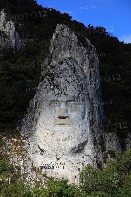 Wallachia, statue of the Dacian king Decebalus, Decebalus Rex Dragan Fecit, 40 metre high statue and at the same time the highest rock sculpture in Europe, is located on a rock formation on the banks of the Danube near the village of Dubova, southwest of the town of Orsova, in the Iron Tor tor nature park Park, Romania