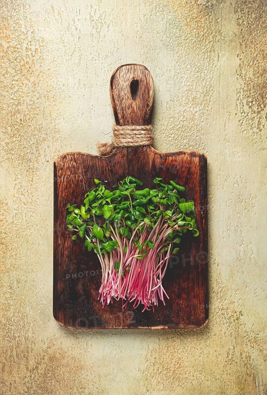 Fresh micro-greens, beetroot sprouts, on a wooden chopping board, top view, no people
