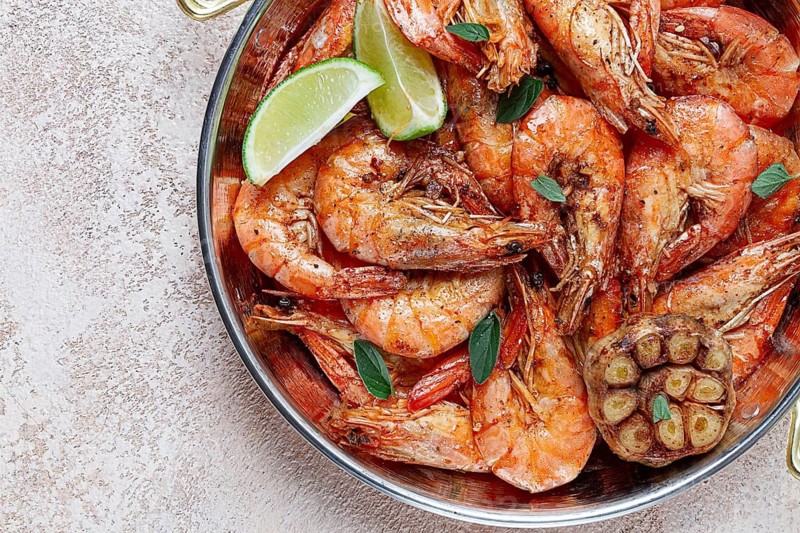 Fried tiger prawns, with spices, homemade, top view