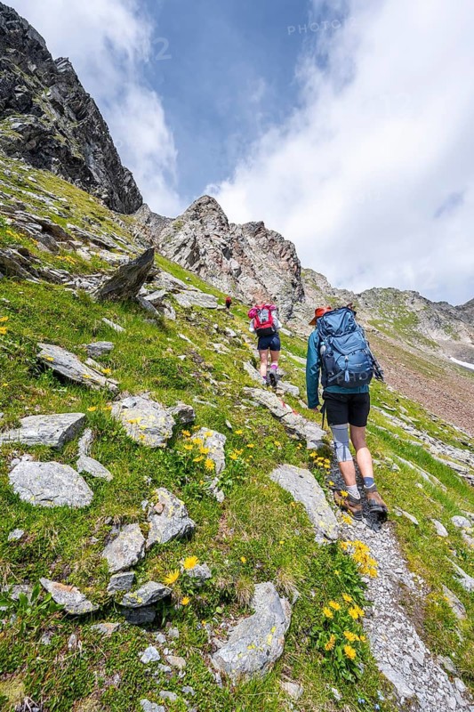 Two mountaineers on a hiking trail, ascent to the Prägrater Törl, Lasörling Group, Hohe Tauern National Park, East Tyrol, Tyrol, Austria