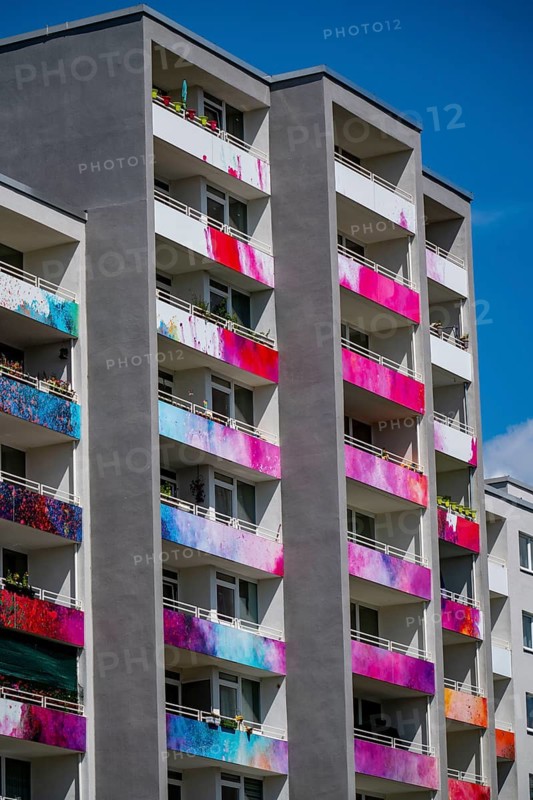 Newly designed façade, balconies, of a residential tower block in Essen-Steele Henglerstraße, after refurbishment North Rhine-Westphalia, Germany