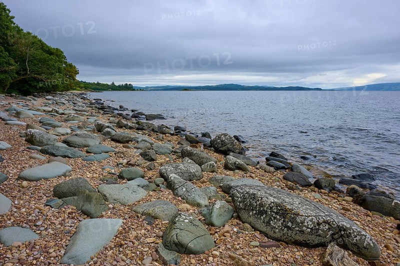 Rocky coast with trees on horizon under cloudy sky, Tarbert, Loch Fyne, Scotland, United Kingdom, United Kingdom