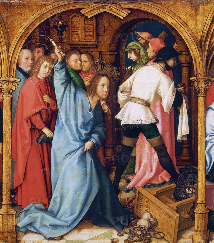 Picture shows the scene of the cleansing of the temple, in which Jesus Christ drives moneychangers out of the temple with a whip, authentic reproduction of a work of art, painting, drawing by Hans Holbein the Elder (born 1465 in Augsburg, died 1524 in Basel or Isenheim), German Renaissance painter, historical