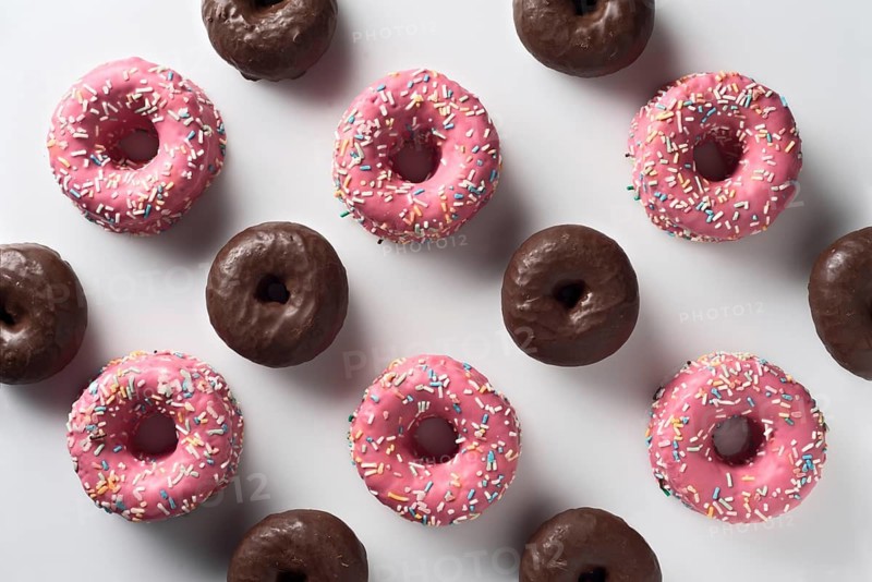Top view of an arrangement of pink strawberry and dark chocolate donuts, each topped with colorful sprinkles, displayed on a white surface