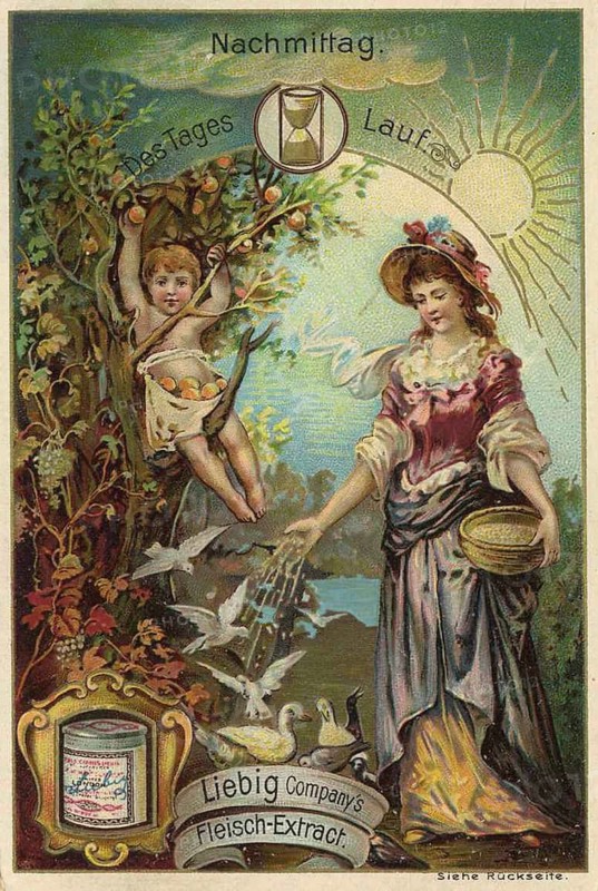 Picture series of the day Run, afternoon, Liebig picture, digitally restored reproduction of a collector's picture from around 1900, public domain, exact date unknown, symbolic depiction of a woman and a child harvesting in the afternoon