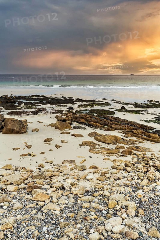 Coastline, rocks and sandy beach, dramatic evening sky, Sennen Cove, Whitesand Bay, Cornwall, England, Great Britain