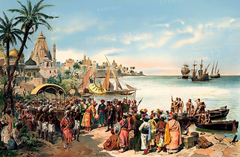 Vasco da Gama's arrival in Calicut, 1498, Kozhikode, state of Kerala in India, digitally edited according to a painting by Roque Gameiro