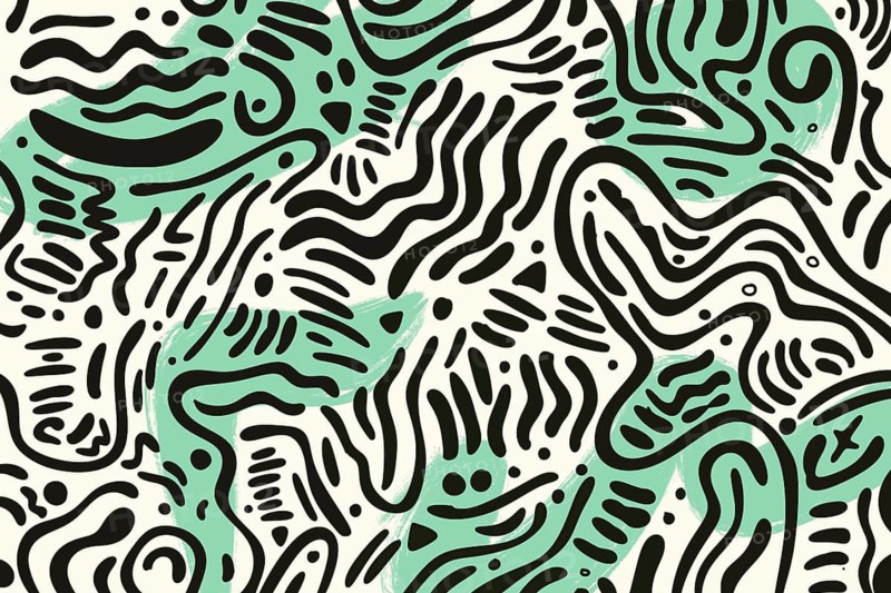 This abstract illustration showcases a dynamic pattern of black curves and wavy lines on a light background, interspersed with green shapes, creating a lively visual theme