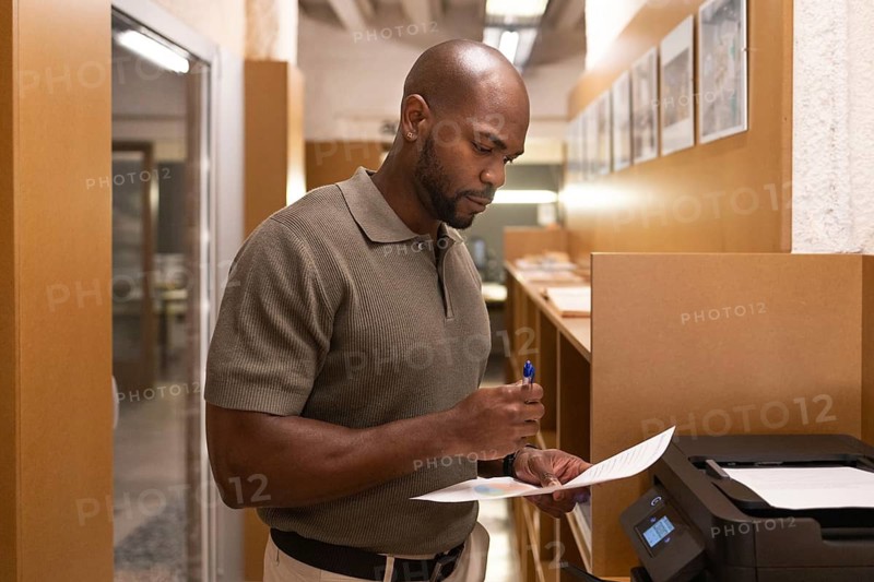 Focused professional evaluates a document beside a printer in a modern coworking space in Barcelona. The setting is stylish and conducive to productivity