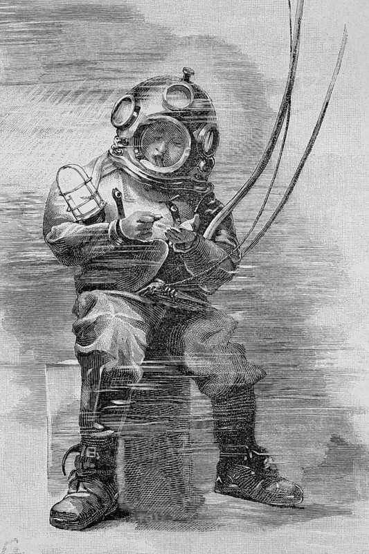 Diver in full equipment under water, 1885, England, Historic, digitally restored reproduction of an original 19th century painting, exact original date unknown