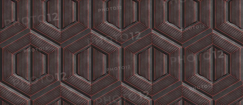 Seamless 3D geometric wallpaper design featuring dark hexagon stripes, ideal for contemporary interior decorations and digital backgrounds