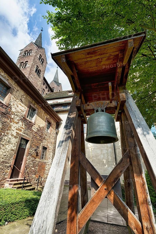 Cantabona, replica of a church bell from the 11th century, former Corvey Abbey and Castle, church towers, the Carolingian westwork and the Civitas Corvey, Höxter, Germany