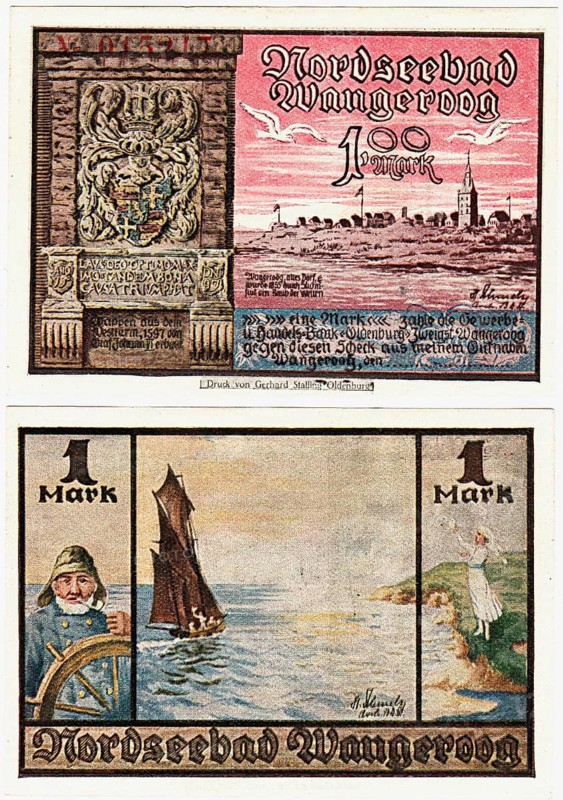 Banknote, emergency money, 1 Mark, 1922, North Sea resort of Wangeroog, Germany, reproduction of a historical banknote