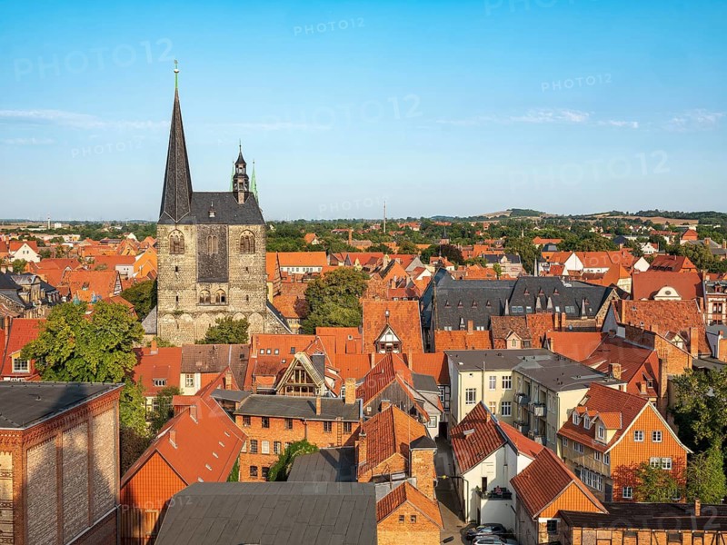 View of the roofs of the historic old town and the market church of St. Benediktii, UNESCO World Heritage Site, Quedlinburg, Saxony-Anhalt, Germany