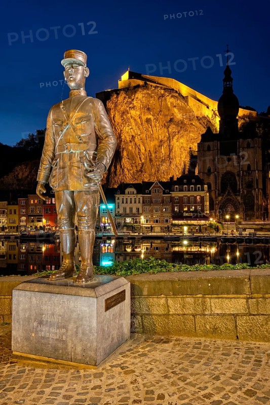 DINANT, BELIGUM, MAY 30, 2018: Bronze statue of Charles de Gaulle near the bridge where he was wounded in battle of Dinant in World War I