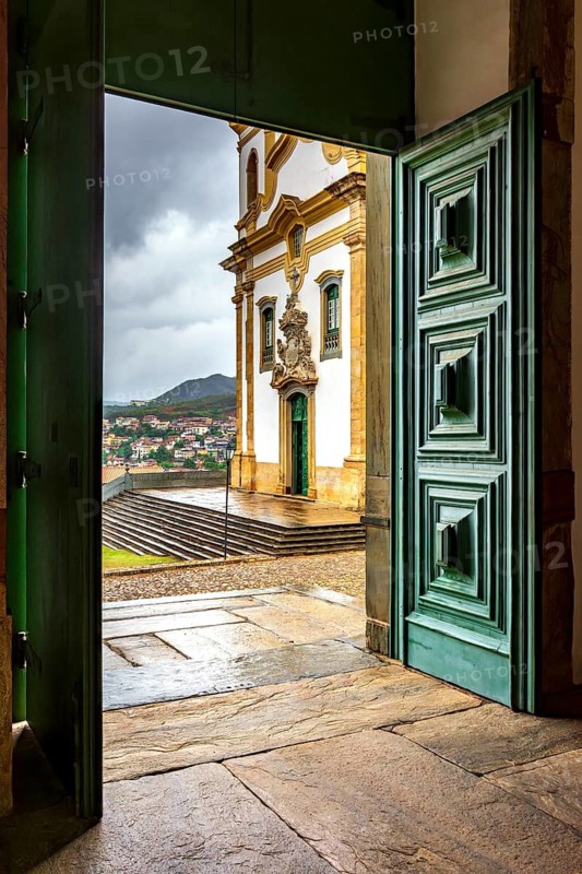 Baroque church seen through the door of another church in the city of Mariana, Minas Gerais Mariana, Minas Gerias, Brazil