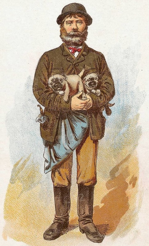 Viennese types by Ladislav Eugen Petrovits (1839, 1907), painter from Austria. Dog dealer, man holding two puppies protectively in his arms