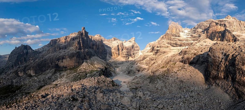 Evening at Refugio Francis Fox Tuckett, alpine panorama, aerial view, impressive mountain peaks of the Brenta Mountains, Brenta, Brenta-Adamello Natural Park, Trentino, Italy