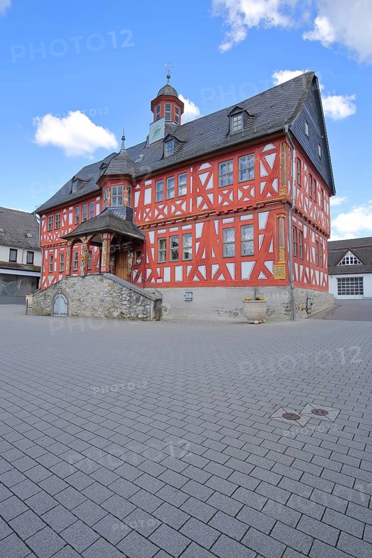 Old town hall built in 1639, red half-timbered house, Hadamar, Westerwald, Hesse, Germany