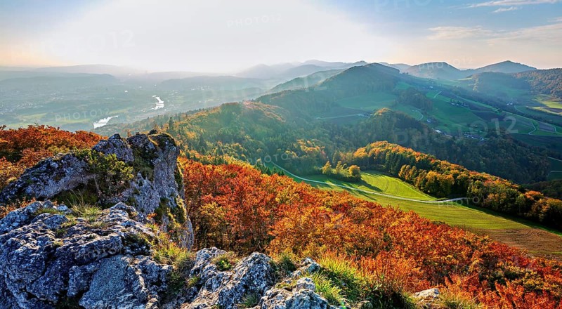 View of an autumnal forest from the Gisliflue, behind the Jura foothills with Wasserfluh and Strihen, Talheim, Canton, Aargau, Switzerland