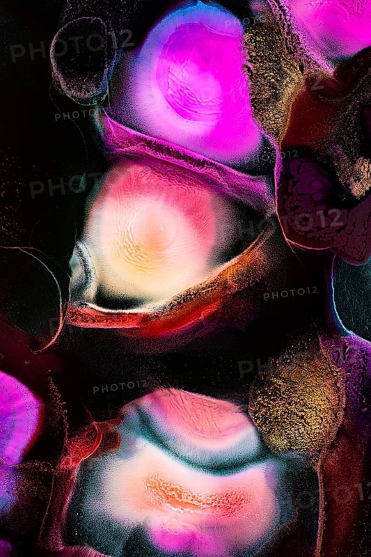 An abstract image showcasing vibrant, swirling liquid patterns in bold colors like pink, purple, and gold. The liquids forms create an intriguing visual effect