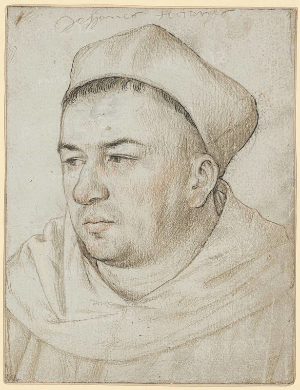 Portrait of the Dominican prior Dr Johann Faber, an influential Dominican prior and preacher in Augsburg at the time of the Reformation, detailed sketch showing the clergyman in a contemplative moment, dressed in his traditional habit with headdress, authentic reproduction of a work of art, painting, drawing by Hans Holbein the Elder (born 1465 in Augsburg, died 1524 in Basel or Isenheim), German Renaissance painter, historical