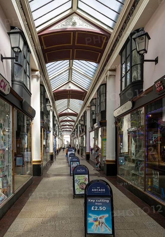 The Arcade historic shopping corridor, Broadmead shopping centre, Bristol, England, UK