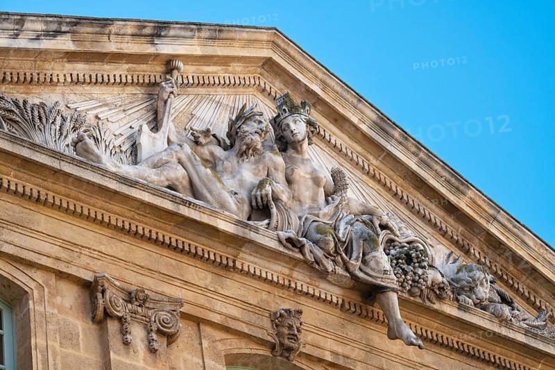 Gable, granary, depiction, Rhone, Durance, male, female, sculpture, façade, Bouches-du-Rhône department, Provence-Alpes-Côte d'Azur region, Provence, Aix-en-Provence, architecture, building, city, statue, landmark, façade, sculpture, Europe, detail, history, ancient, monument, sky, baroque, tourism, art
