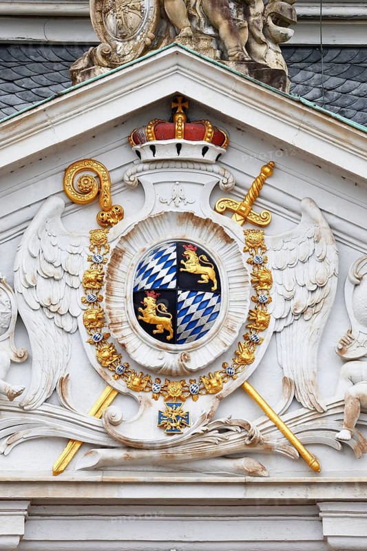Augustusburg Castle, also known as Brühl Castle, close-up, coat of arms of the Dukes of Bavaria on the east façade, Duke Clemens of Bavaria, Archbishop of Cologne, Brühl, North Rhine-Westphalia, Germany