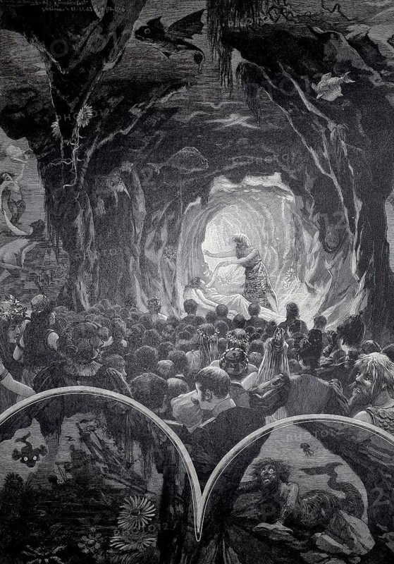 Fairytale festival of the Weimar Künstlerverein, the festival in the sea grotto. The festival was in the tradition of convivial and creative gatherings of artists in Weimar, illustration, reproduction of a model from the 19th century. Authentic, file restored for optimal use, exact date of submission unknown, Historic, A large crowd gathers in a brightly lit cave charged with excitement and discovery