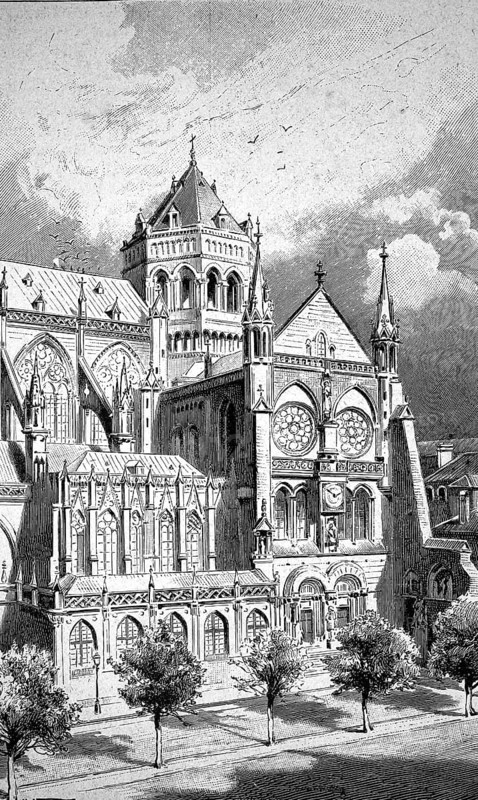 The Romanesque part of Strasbourg Cathedral, Strasbourg Cathedral, 1880, France, illustration, reproduction from a model from the 19th century. Authentic, file restored for optimal use, exact date of submission unknown, historical