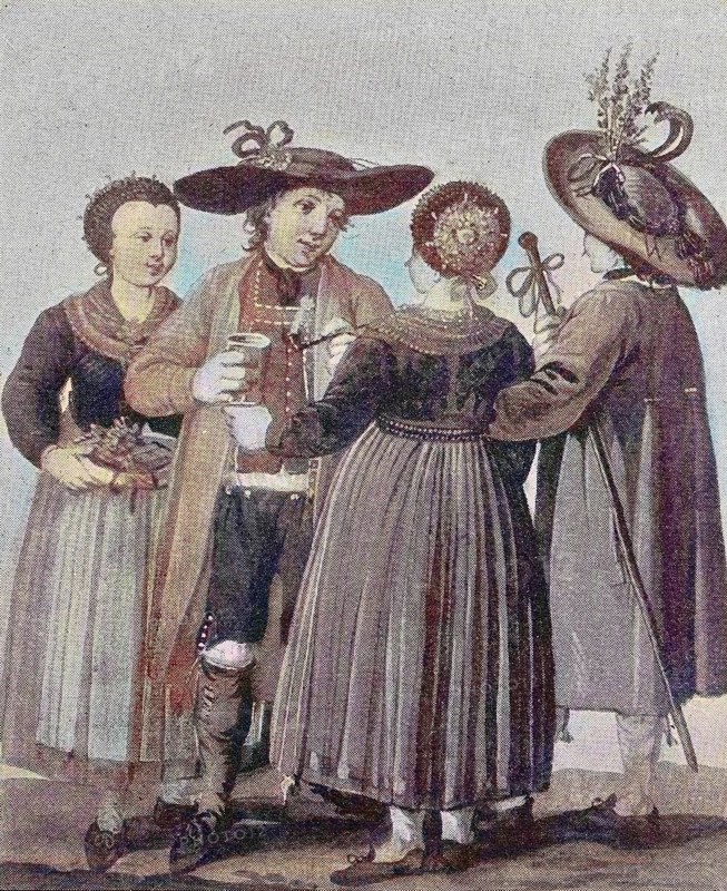 Group of people in traditional traditional costume at a wedding in Styria, Austria, Historic, digital reproduction of an original 19th century painting, original date not known